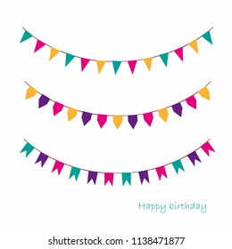 Vector Illustration of Colorful Garlands on white background. Rainbow colors buntings and flags. Holiday set. Festive flags.