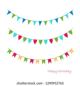 Vector Illustration of Colorful Garlands on white background. Rainbow colors buntings and flags. Holiday set. Festive flags.