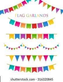 Vector Illustration of Colorful Garlands on white background. Rainbow colors buntings and flags. Holiday set.