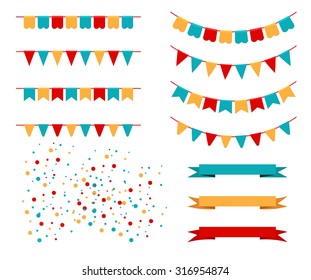 Vector Illustration of Colorful Garlands on white background. Rainbow colors buntings and flags. Holiday set.