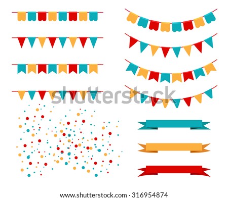 Vector Illustration of Colorful Garlands on white background. Rainbow colors buntings and flags. Holiday set.