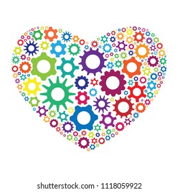 vector illustration of colorful gearwheels cogs and mechanism in heart shape design