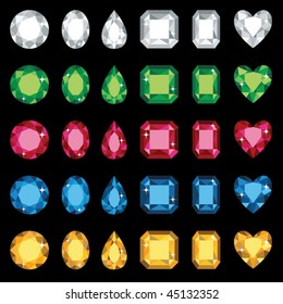 Vector illustration of colorful gemstones in six different shapes. No gradients used.