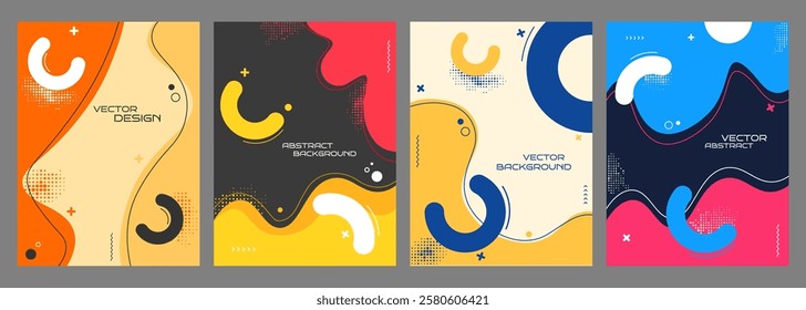 Vector illustration. Colorful geometric background with fluid shapes, halftone dots and dynamic composition. Design elements for cover, brochure, magazine, poster, flyer. Modern memphis style design