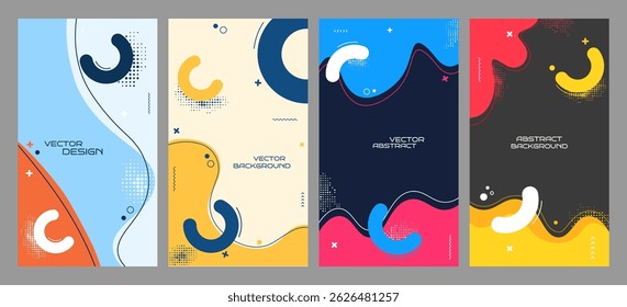 Vector illustration. Colorful geometric background with fluid shapes, halftone dots and memphis pattern. Design elements for flyer, voucher, coupon, leaflet, social media template. Modern composition