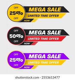 Vector illustration of colorful geometric banner for advertising mega sale, 25.50% discount, limited time offer flyer. Poster template for business promotion marketing, best price now