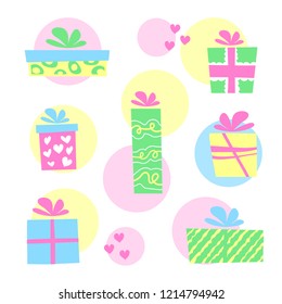Vector illustration, colorful gift boxes set. Can be used for greeting cards, stickers, promotion, banners. Colors: light yellow, pink, mint, green, blue.