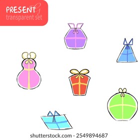 Vector Illustration of Colorful Gift Boxes on Transparent Background, Festive Cartoon Image