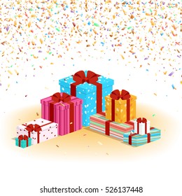 Vector illustration. Colorful gifts with falling confetti, decorated with patterns. With ribbons and bows, festive background.