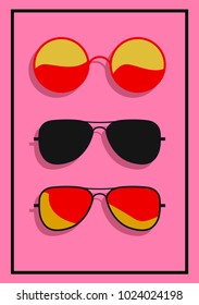 Vector illustration of colorful glasses set. Red round and aviator sunglasses. 