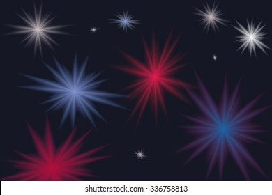 Vector illustration of colorful glittering stars or bursts on dark background.