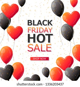 Vector illustration. Colorful glossy 3d heart balloons on white background. Black Friday sale banner.