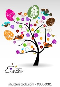 Vector illustration of colorful glossy Easter eggs tree greeting, gift card or banner  with copy space for your message. EPS 10.