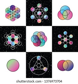 vector illustration of colorful gradient and black and white pattern with sacred geometrical flower of life symbols