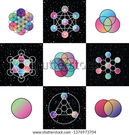 vector illustration of colorful gradient and black and white pattern with sacred geometrical flower of life symbols