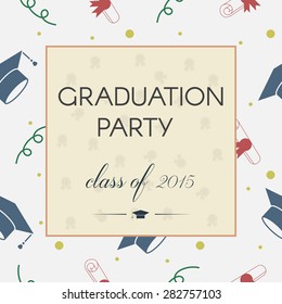 Vector illustration of colorful graduation invitation or certificate. Celebrating postcard template background with tossing hats, balloons, diplomas and ribbons.