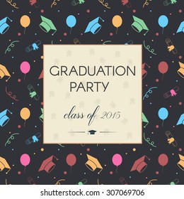 Vector illustration of colorful graduation invitation or certificate. Education celebrating postcard template background with tossing hats, balloons, diplomas and ribbons.