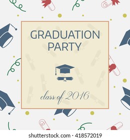 Vector illustration of colorful graduation party invitation. Celebrating graduational card template background with tossing hats, diplomas, ribbons and other finish education elements.