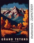 Vector illustration of colorful Grand Tetons national park poster.