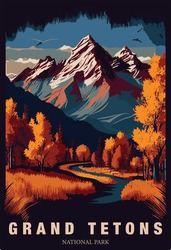 Vector Illustration Of Colorful Grand Tetons National Park Poster.