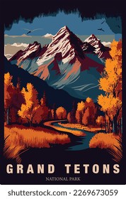 Vector illustration of colorful Grand Tetons national park poster.