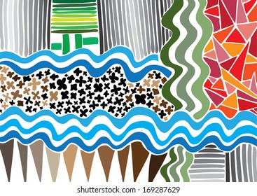 Vector illustration of colorful graphic pattern. River, meadow, water, squares, triangles. Abstract background.