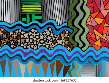 Vector illustration of colorful graphic pattern. River, meadow, water, squares, triangles. Abstract background.