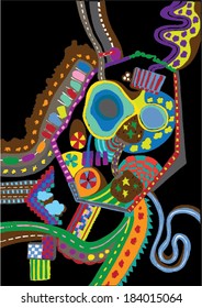 Vector illustration of colorful  graphic pattern. Childish, Willy Wonka, 70s. Landscape, Hundertwasser.