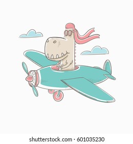 vector illustration. Colorful graphics dinosaur flies in the sky on an airplane. Print for children's t-shirts and hand-drawn cards.