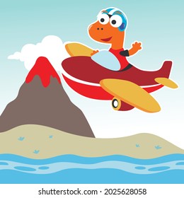 Vector illustration of colorful graphics dinosaurs flies in the sky on an airplane. Can be used for t-shirt print, kids wear fashion design, invitation card. fabric, textile, nursery wallpaper. 