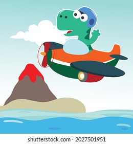 Vector illustration of colorful graphics dinosaurs flies in the sky on an airplane. Can be used for t-shirt print, kids wear fashion design, invitation card. fabric, textile, nursery wallpaper. 