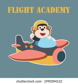 Vector illustration of colorful graphics monkey flies in the sky on an airplane. Can be used for t-shirt print, kids wear fashion design, invitation card. fabric, textile, nursery wallpaper. 