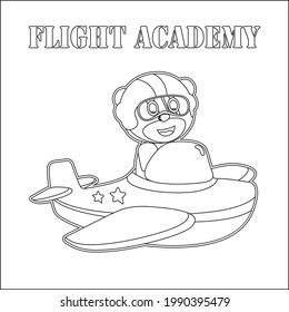Vector illustration of colorful graphics tiger flies in the sky on an airplane. Vector hand-drawn coloring children's illustration. Creative Childish design for kids activity colouring book or page.