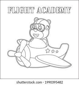 Vector illustration of colorful graphics tiger flies in the sky on an airplane. Vector hand-drawn coloring children's illustration. Creative Childish design for kids activity colouring book or page.