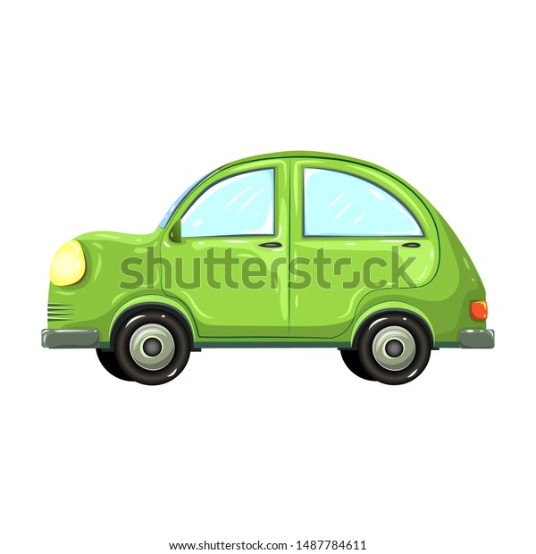 Vector illustration of colorful green car isolated\
on white background. hatchback green car side view. comic, or\
cartoon auto.green automobile in retro style. drawn eco friendly\
traveler car.