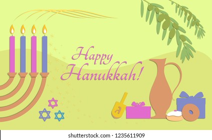 Vector illustration of a colorful greeting card for Hanukkah with copy space, a flat paper design. It contains the main objects of Hanukkah holiday