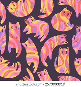 Vector illustration of colorful groovy abstract cats characters seamless pattern isolated on dark background. Modern funky animal design template for card, fabric print, poster, decoration