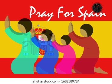 Vector illustration of colorful group of people like family praying together on Spain flag background. Concept of togetherness in difficult situation. 