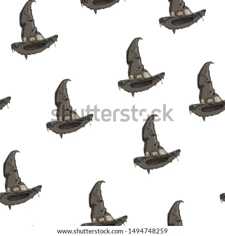 Vector Illustration colorful halloween witch hat seamless pattern on white background. Paper print design