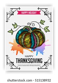Vector illustration of a Colorful Hand Draw Pumkin Banner For Happy Thanksgiving.