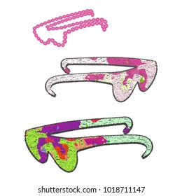 Vector illustration of colorful hand drawn sunglasses as elements  for fashion t shirt, textile design, all over printing. Trendy multicolored digital craft style - sequined embroidery, darn fabric