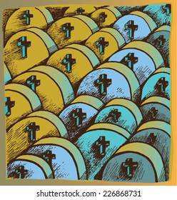 Vector illustration of colorful hand drawn graveyard. Tombs, graves, cemetery.