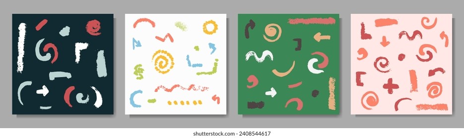 Vector illustration. Colorful hand drawn arrows, dots and lines. Retro color concept. Modern art background collection. Design elements for web banner, social media template. Hand drawn ink brush set