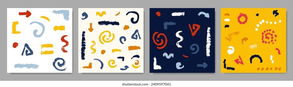 Vector illustration. Colorful hand drawn arrows, dots and lines. Retro color concept. Modern art background collection. Design elements for web banner, social media template. Hand drawn ink brush set