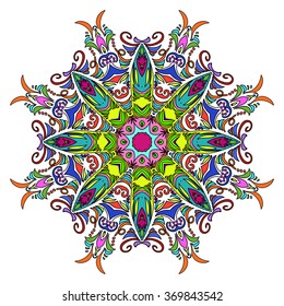 Vector Illustration. Colorful Hand Drawn Mandala, Oriental Decorative Element, Vintage Style.