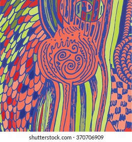 Vector illustration of colorful hand drawn graphic pattern / background. Checkers, lines, distressed, distorted, plant, grunge image.