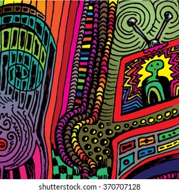 Vector illustration of colorful hand drawn graphic pattern / background. Checkers, lines, distressed, distorted, tube, alien, tv, grunge image.