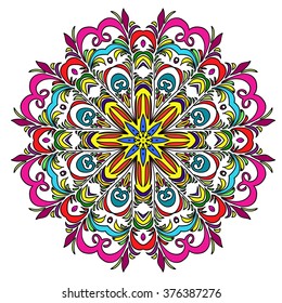 Vector Illustration. Colorful Hand Drawn Mandala, Oriental Decorative Element, Vintage Style.