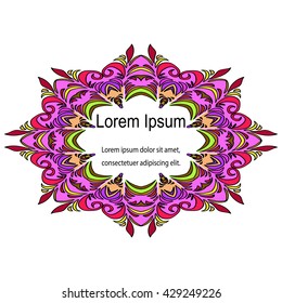 Vector Illustration. Colorful Hand Drawn Frame.Template for Visiting Cards, Labels, Fliers, Banners, Badges, Posters, Stickers and Advertising Actions. Oriental Decorative Element, Vintage Style.