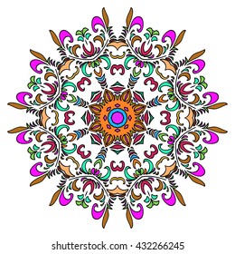 Vector Illustration. Colorful Hand Drawn Mandala, Oriental Decorative Element, Vintage Style.  Suitable for textile, fabric, packaging and web design.